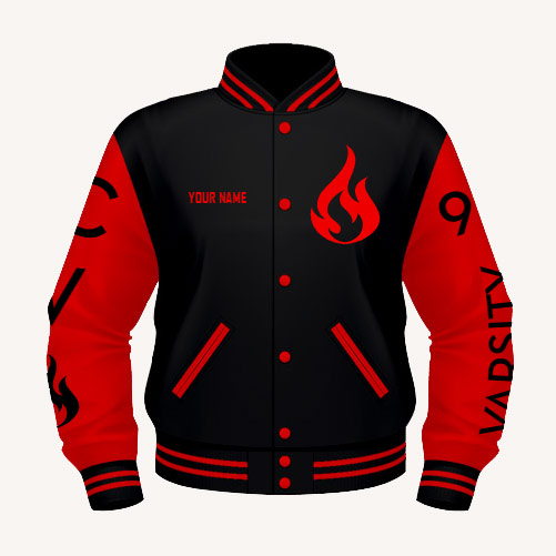 Red and black Varsity with various arm patches